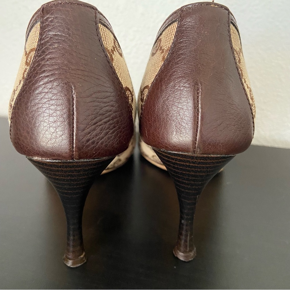 Gucci Monogram Peep-Toe Heels Brown Leather Canvas - Picture 6 of 11